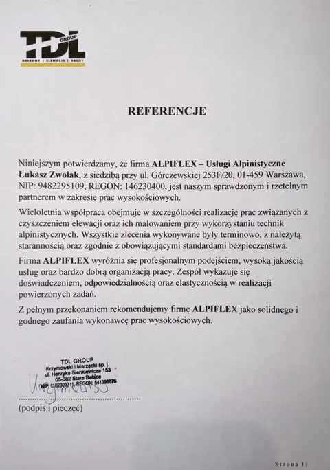 Referencje TDL Group dla ALPIFLEX – prace wysokościowe i alpinistyczne