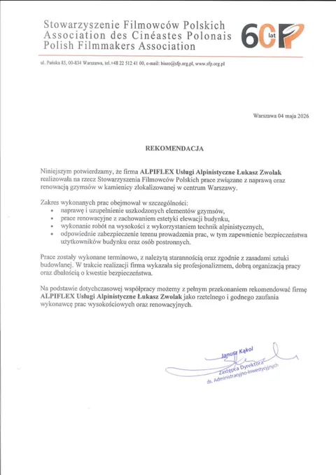 Rekomendacja Stowarzyszenia Filmowców Polskich dla ALPIFLEX – renowacja gzymsów kamienicy w Warszawie